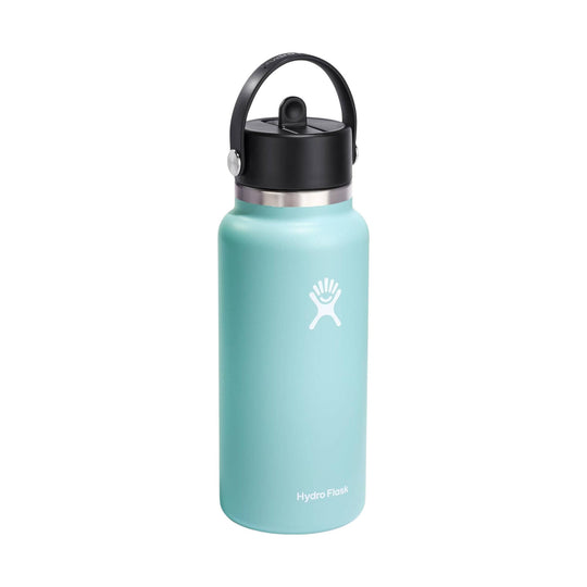 Light blue insulated water bottle with black straw lid and carry handle