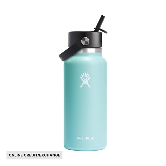 Mint green insulated water bottle with black straw lid, hanging strap, and visible Hydro Flask logo