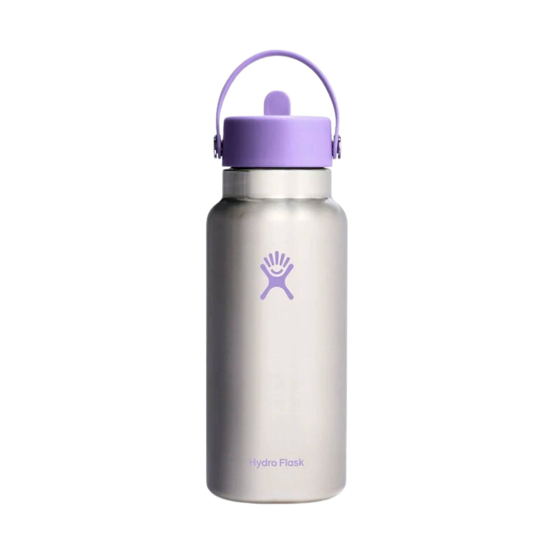 Stainless steel water bottle with a lavender straw cap and loop handle