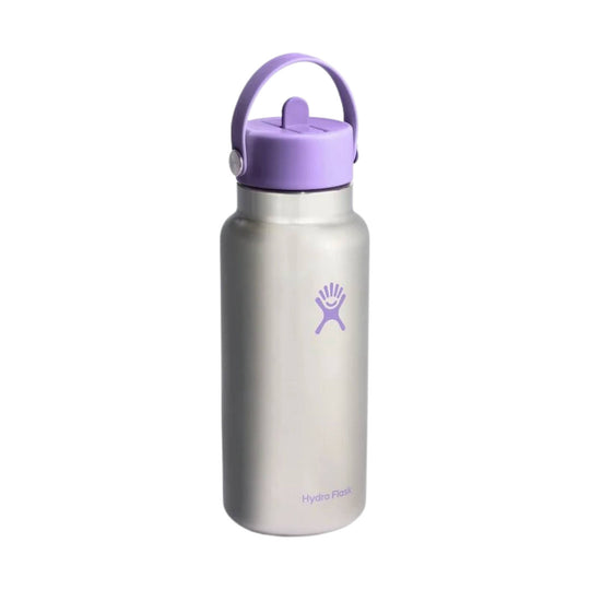 Stainless steel water bottle with a purple Flex Straw cap and carry loop