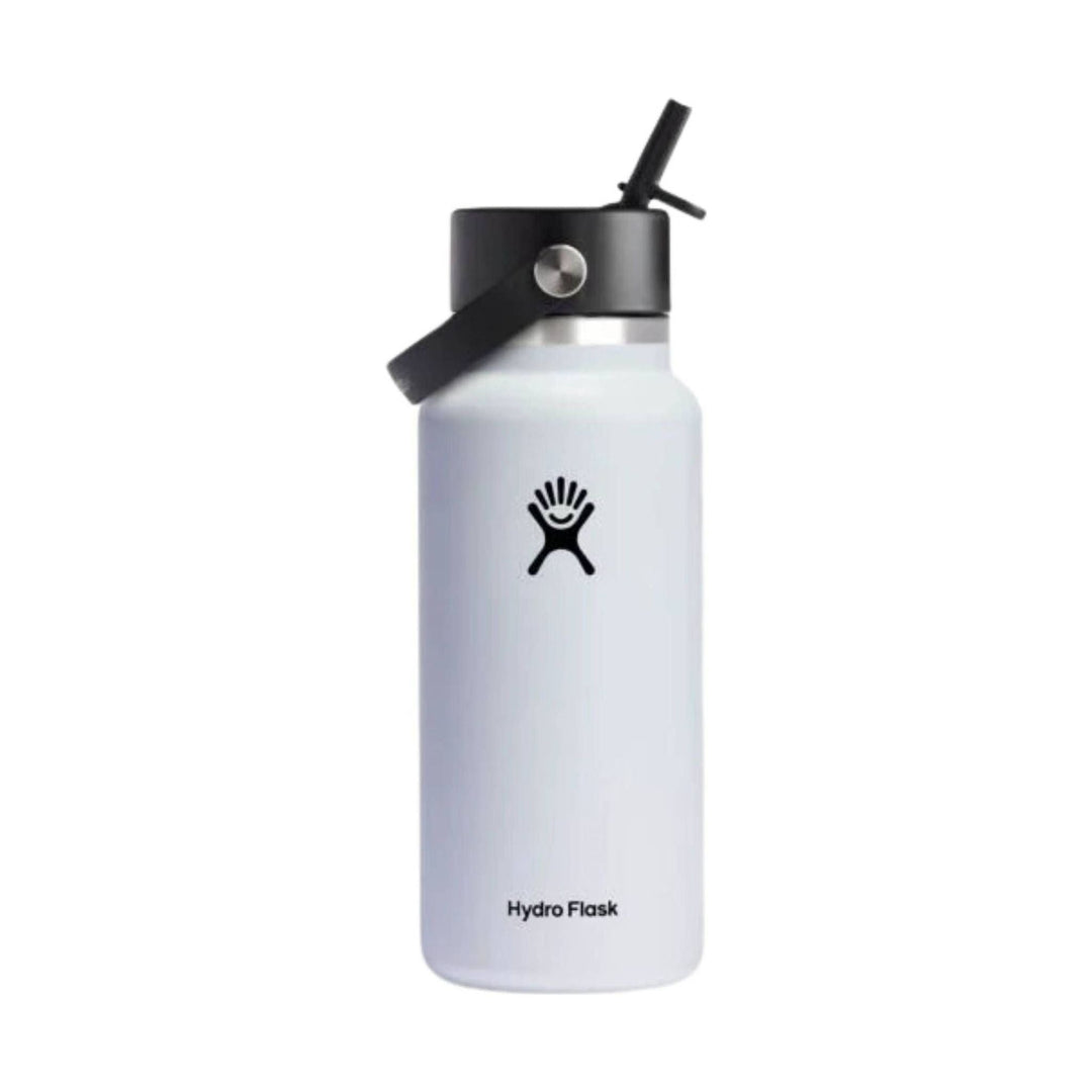 White insulated water bottle with a black screw-on straw lid and carry strap