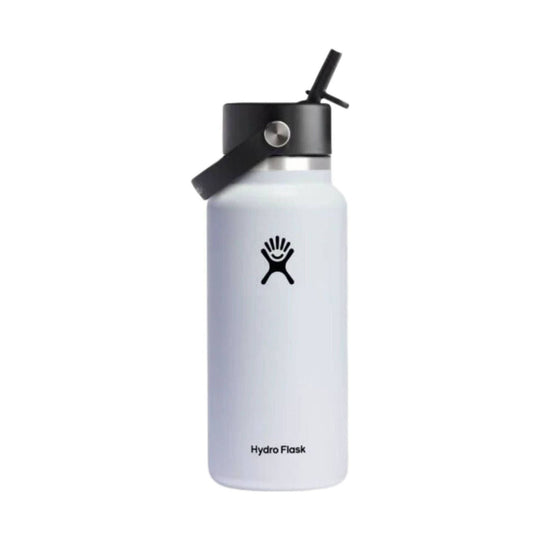 White insulated water bottle with a black screw-on straw lid and carry strap