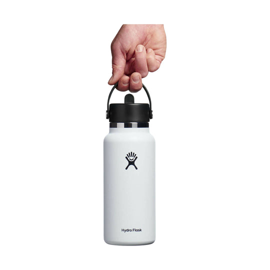 White insulated water bottle with black carry handle and cap