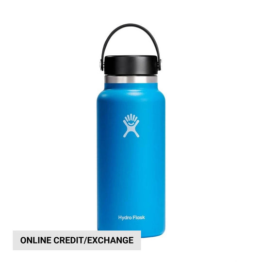 Blue insulated water bottle with black cap and carry handle