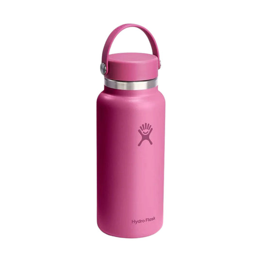 Pink insulated water bottle with a loop handle and silver band, showing a Hydro Flask logo and text