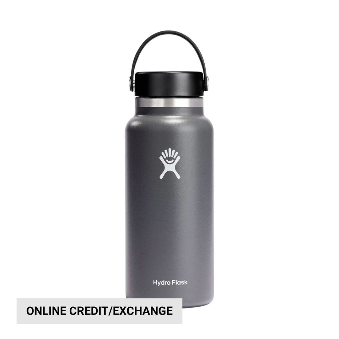 Gray stainless steel water bottle with black screw-on lid and carry handle