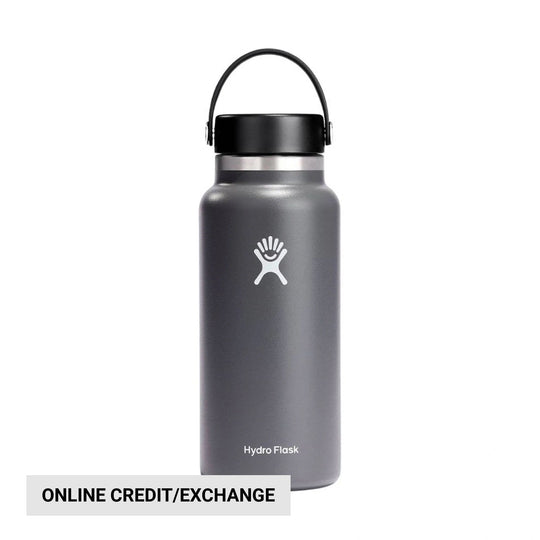 Gray stainless steel water bottle with black screw-on lid and carry handle