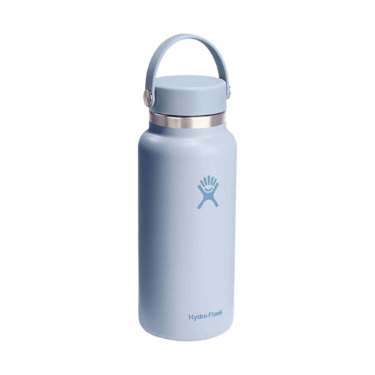 Light blue insulated water bottle with a handle lid and metal band