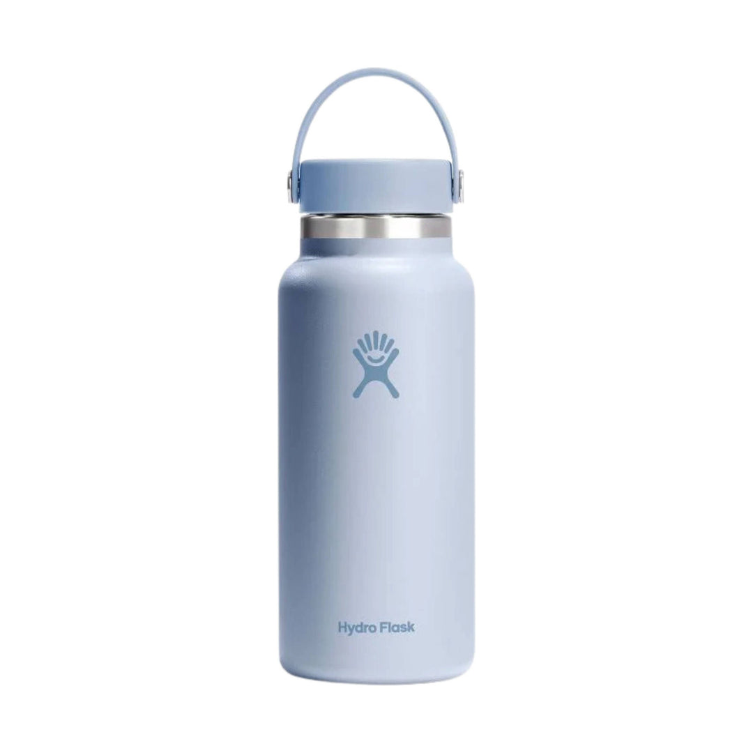 Light blue stainless steel water bottle with a handle lid and Hydro Flask logo