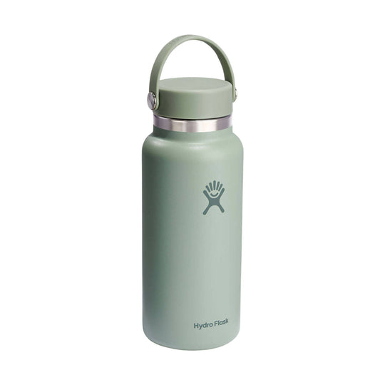 Light sage insulated water bottle with a flip handle lid and Hydro Flask logo