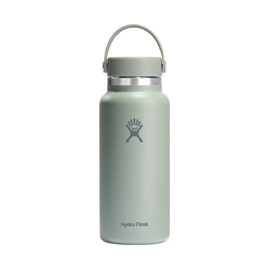 Light sage insulated water bottle with a loop handle and metal cap ring