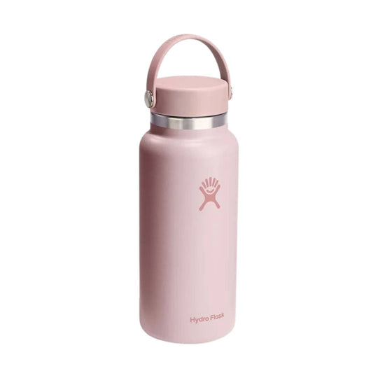 Pink stainless steel water bottle with a carry handle, silver lid ring, and Hydro Flask logo