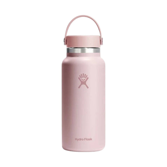 Pink insulated water bottle with handle strap and Hydro Flask logo