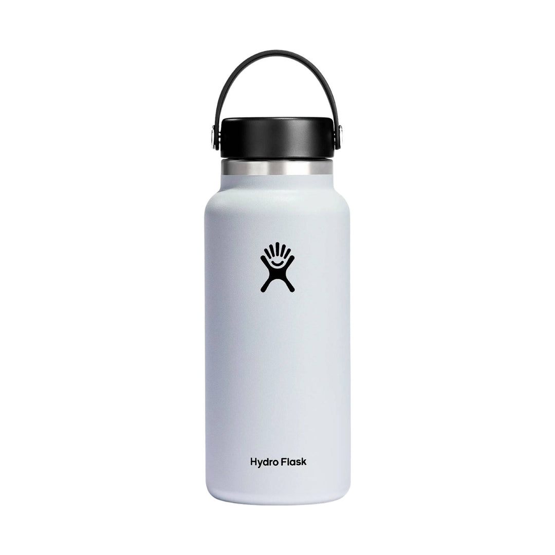 White insulated water bottle with black cap and carry loop, shown front view