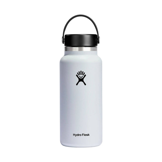 White insulated water bottle with black cap and carry loop, shown front view