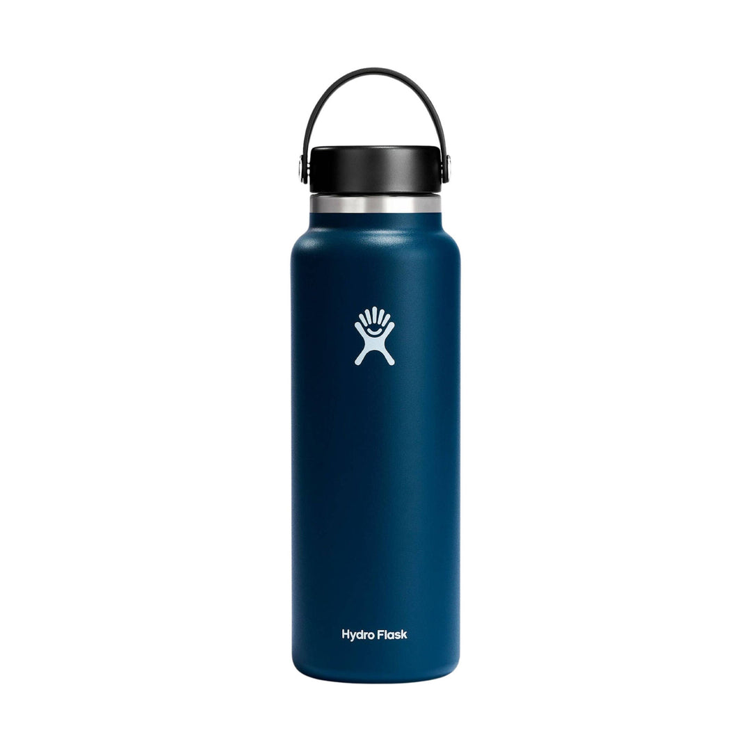Blue insulated water bottle with black screw-on cap, loop handle, logo, and Hydro Flask text