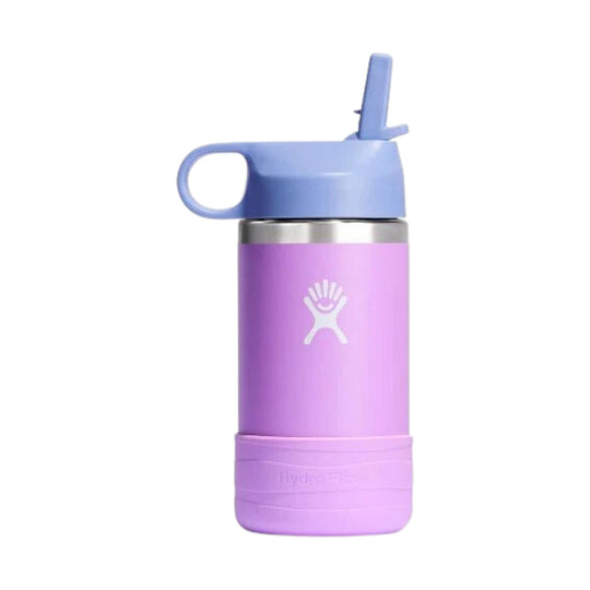 Purple insulated water bottle with light blue straw lid and handle