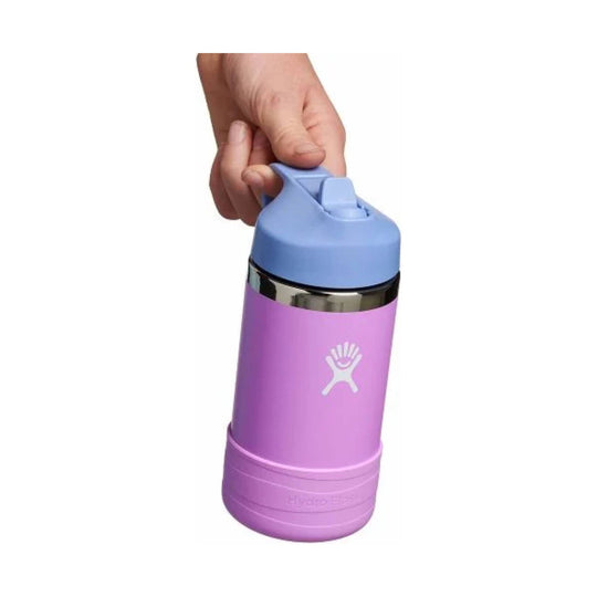 Pastel blue and pink kids water bottle with straw lid being held by a hand