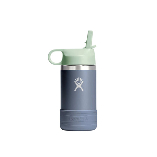 Gray insulated water bottle with mint-green straw lid and handle