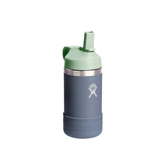 Gray stainless steel water bottle with a mint green straw lid and a white hand logo