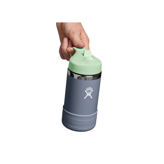 Gray water bottle with mint green straw lid and hand holding the top