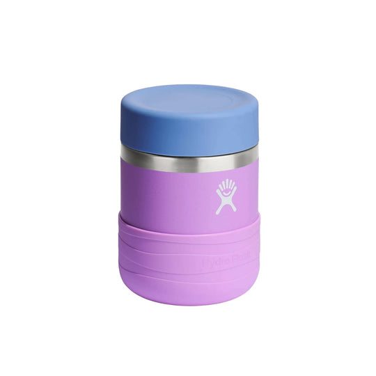 Purple insulated food jar with a light blue lid, stainless steel band, and white hand logo