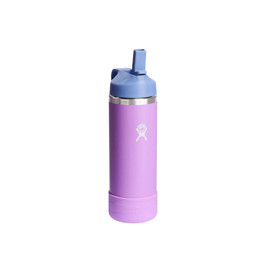 Purple insulated water bottle with a blue straw lid and white hand logo