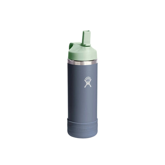 Slate blue kids water bottle with mint green straw lid and white Hydro Flask logo
