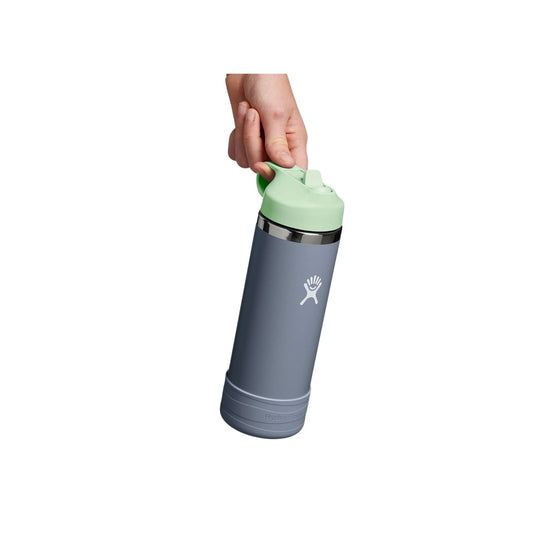 Gray insulated water bottle with mint green straw cap