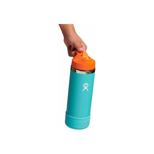 Turquoise insulated water bottle with orange straw lid and white hand logo