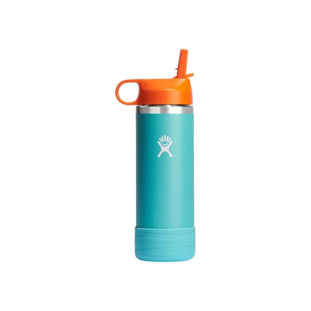 Turquoise kids water bottle with orange straw lid and white logo