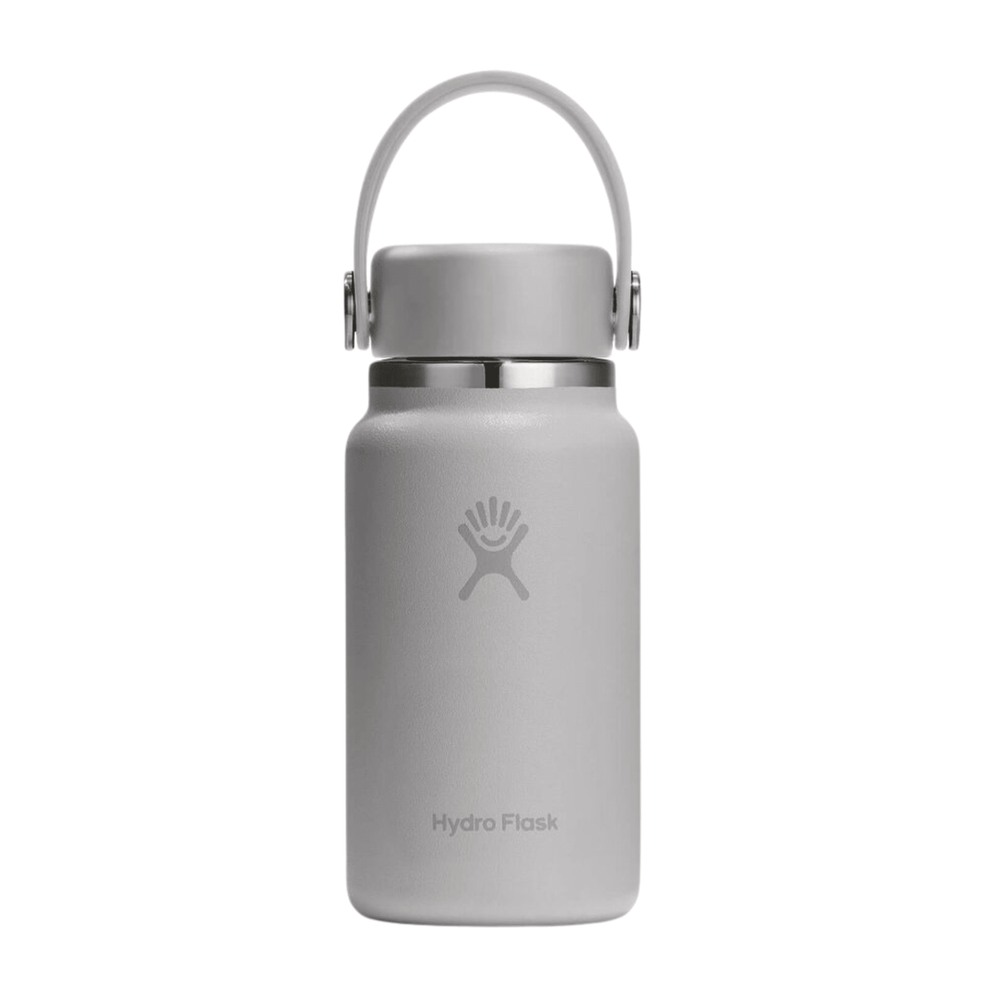 Light gray insulated water bottle with a hinged loop cap and faint logo on the front