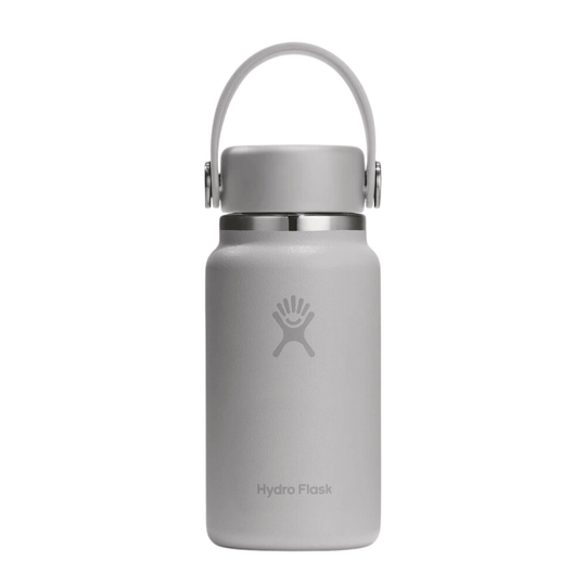 Light gray insulated water bottle with a hinged loop cap and faint logo on the front