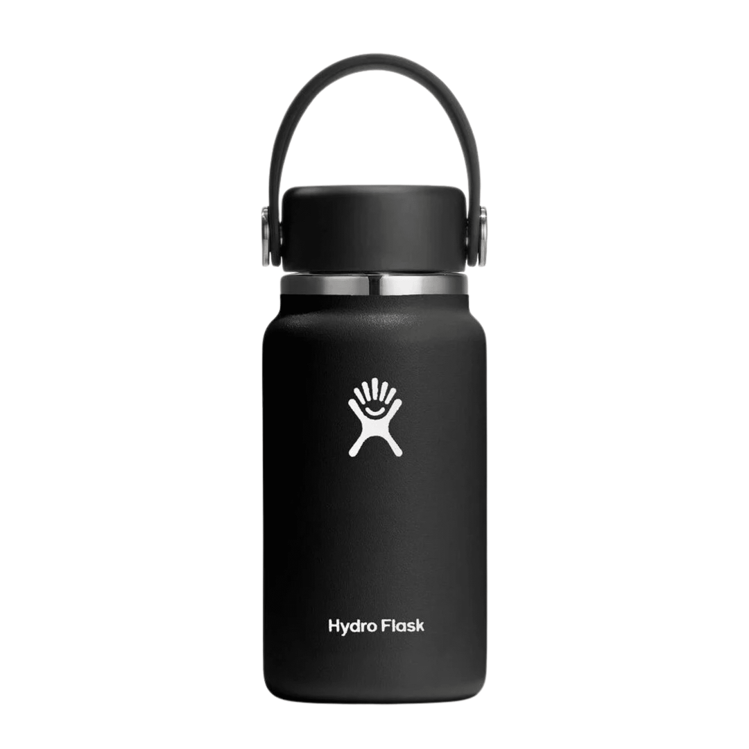 Black insulated water bottle with flip-up handle and white logo
