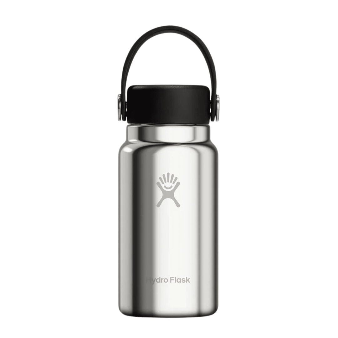 Stainless steel water bottle with black cap and carry loop