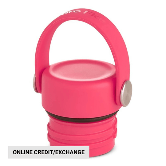 Pink water bottle cap with a fold-up carry loop and silver side pivots