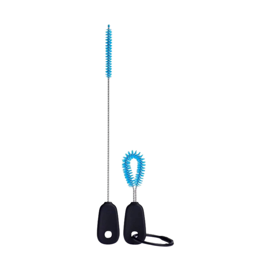 Two blue nylon straw cleaning brushes with black handles