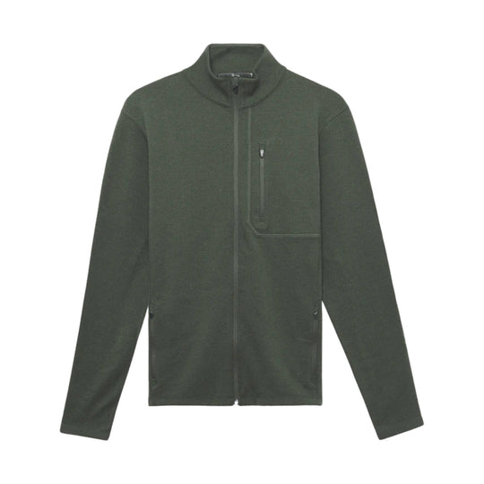 Dark olive full-zip fleece jacket with stand collar and chest zipper pocket
