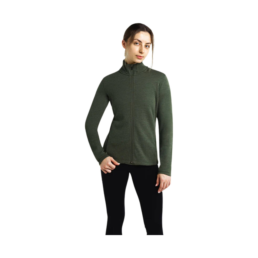 Dark green zip-up fleece jacket with a high collar and long sleeves