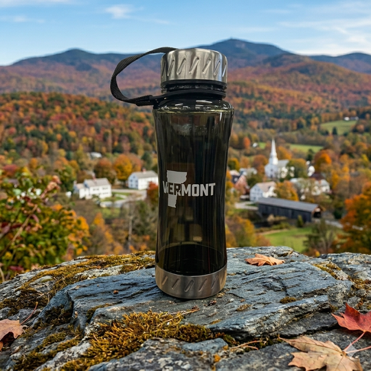 Black water bottle with 'Vermont' logo on a rock with a scenic background of trees in autumn colors and mountains.