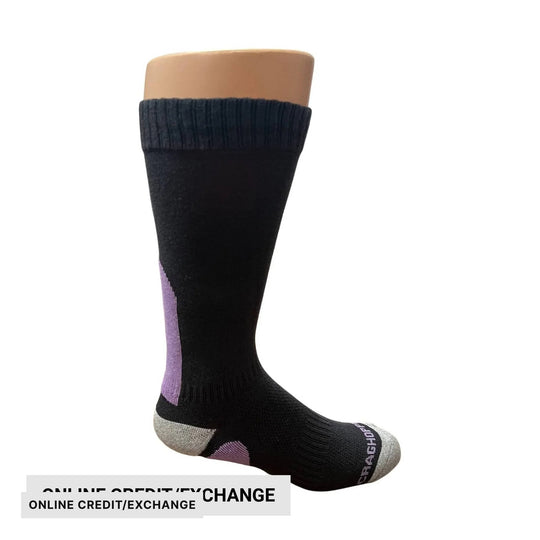 Black knee-high sock with purple accents and gray toe and heel, shown on a mannequin leg