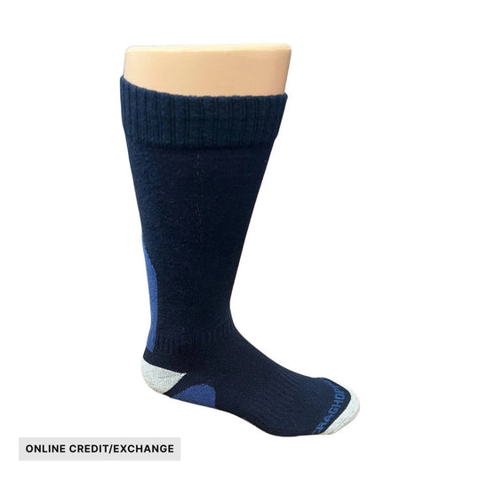 Dark navy knee-high sock with light gray toe and heel accents, shown on a mannequin leg, with ONLINE CREDIT/EXCHANGE text