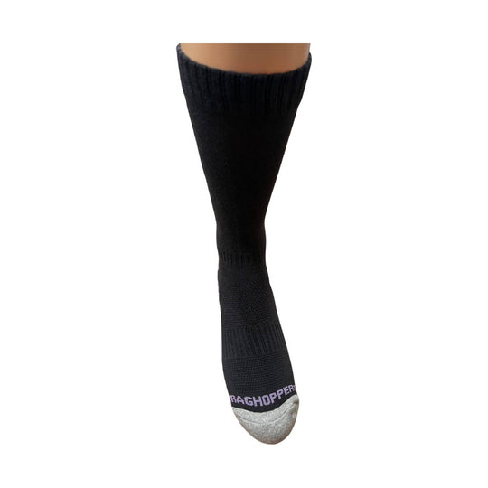 Black knee-high sock with gray toe and purple visible text near the foot