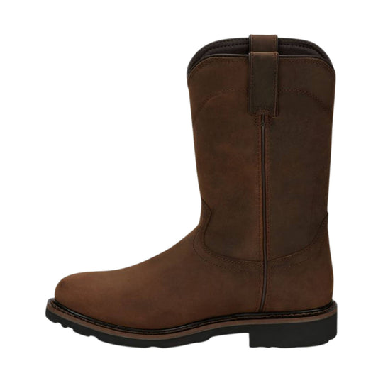 Brown leather pull-on work boot with a square toe and black sole