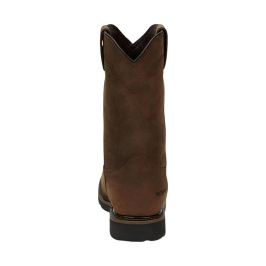 Rear view of a brown leather pull-on work boot with western stitching and a black sole