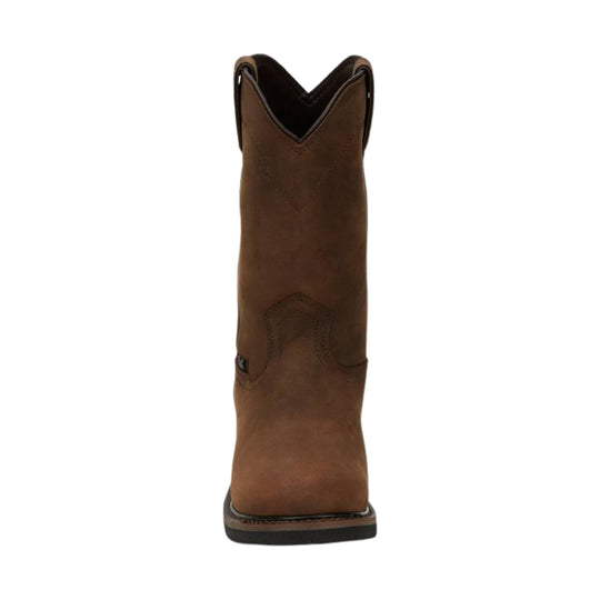 Brown pull-on work boot with square toe and black sole, shown from the back