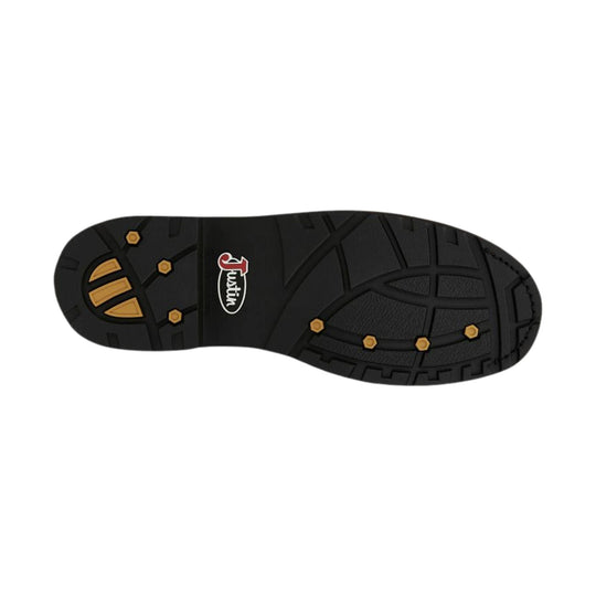 Black work boot outsole with tan traction inserts and Justin logo