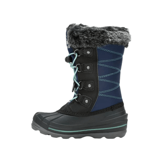 Navy and black kids' winter boot with faux-fur cuff, aqua laces, and thick rubber sole