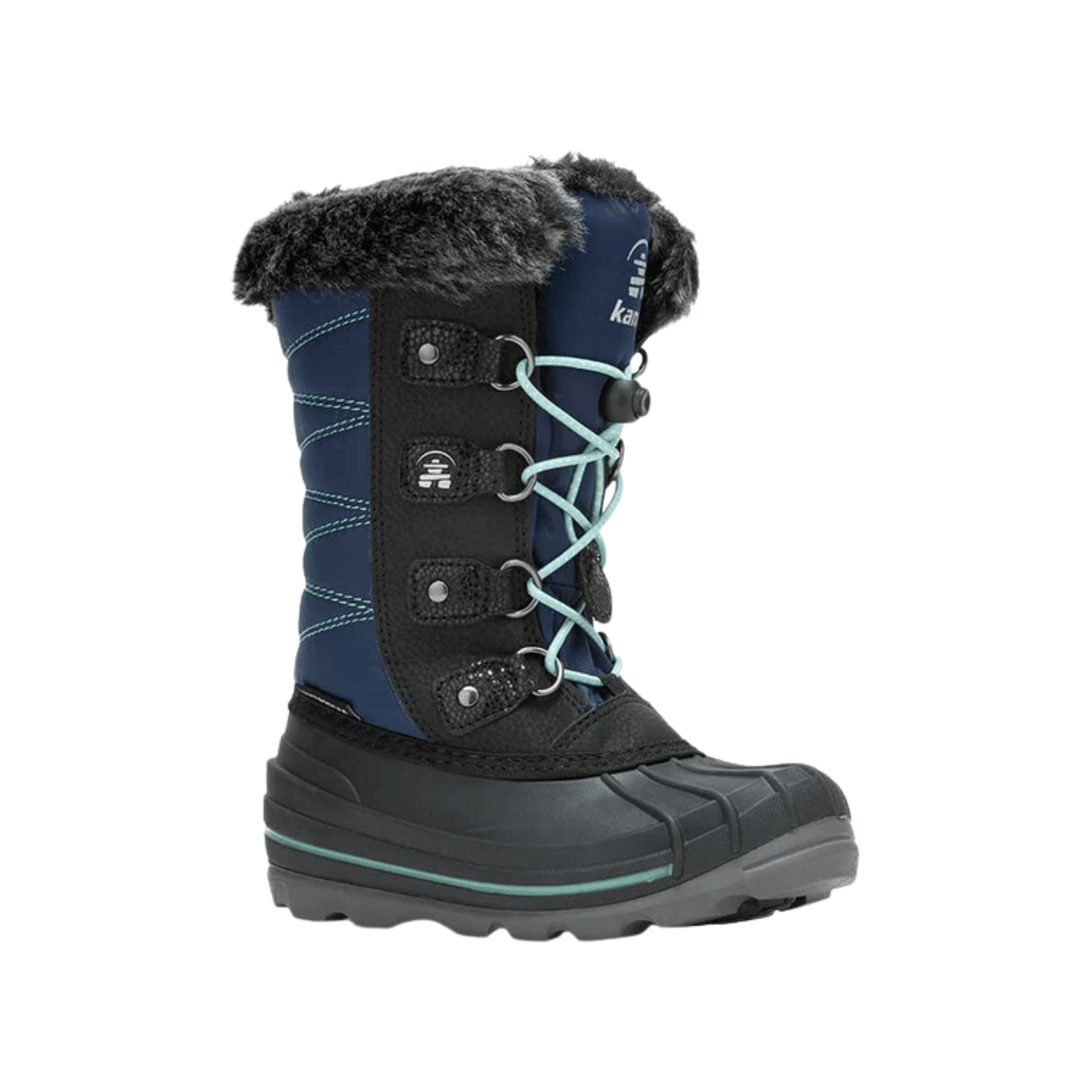 Navy and black insulated winter boot with faux-fur cuff, light blue laces, and rubber outsole