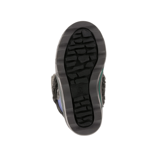 Black boot outsole with deep tread pattern and a small teal accent along the side